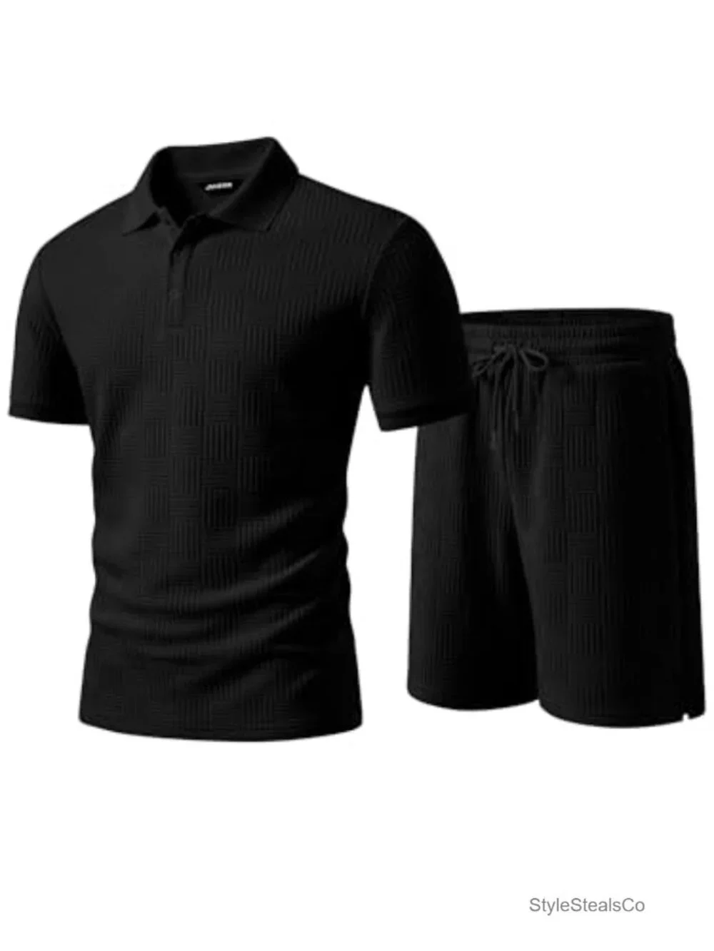 Men's 2-Piece Polo Short Set, 97% Polyester, 3% Elastane, Textured Short